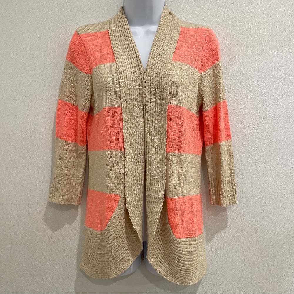 Pink Rose Womens Neon Pink Beige Striped Open Front Cardigan Sweater Size M